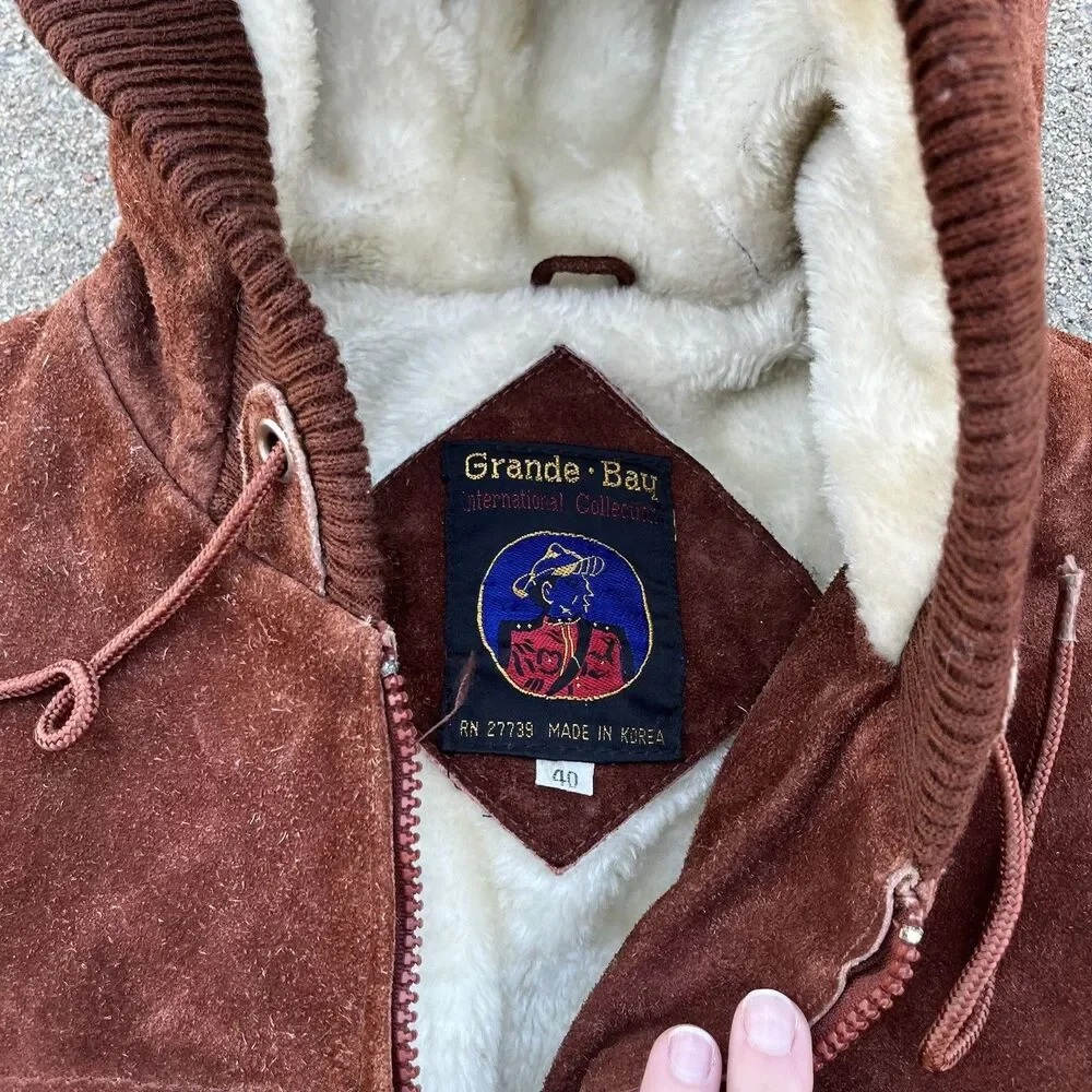 Vintage Grande-Bay Brown Suede Leather Fur Lined Zip Up Jacket Size 40 Medium
